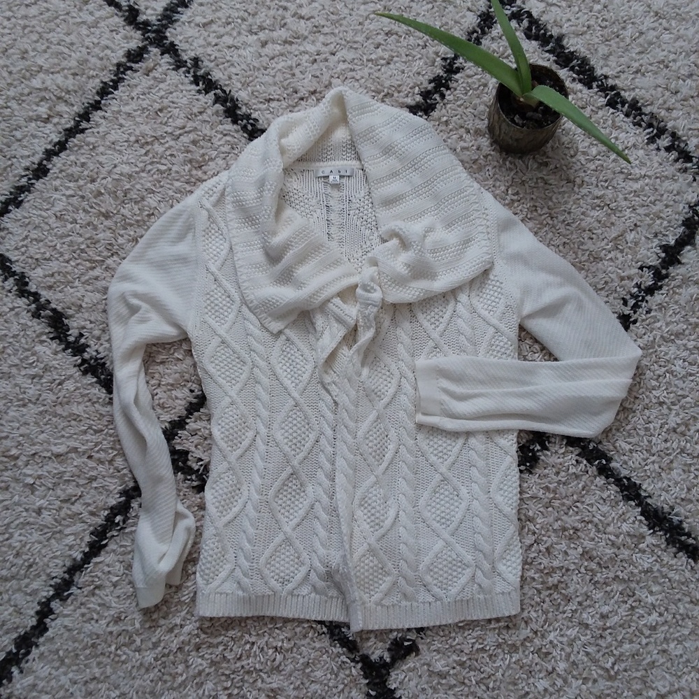 CAbi White open front cable knit sweater